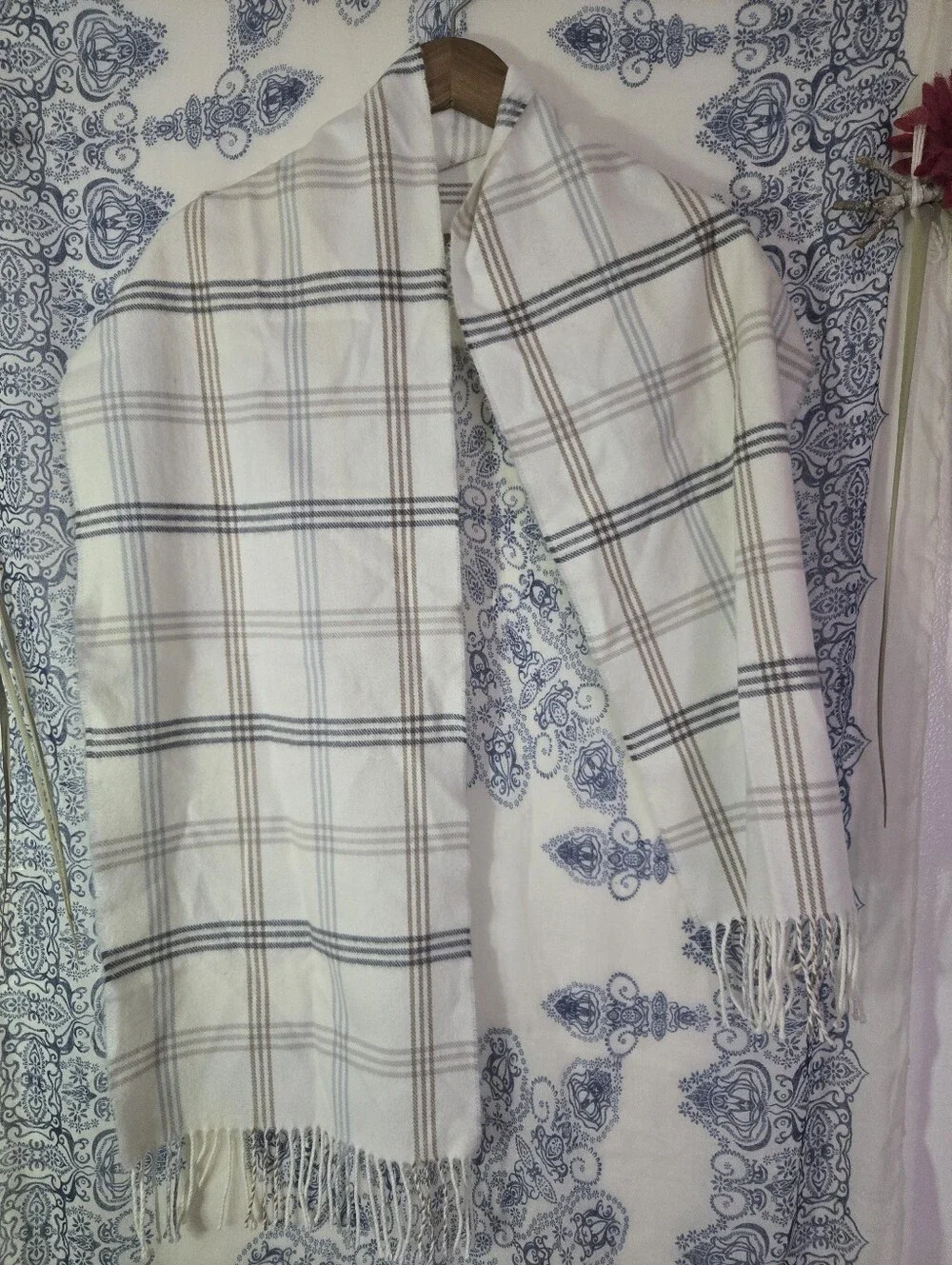 4/$15 Boho Cottagecore Plaid Fringe Scarf Cream Taupe Blue Cozy Oversized Wrap